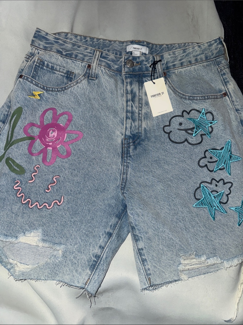 Forever 21 Light Wash Denim Shorts with Pink Flower & Teal Star Embroidery